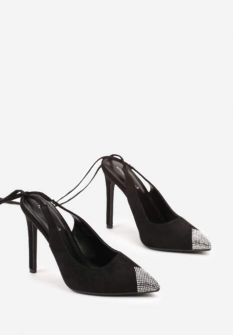 Czarne Sandały z Noskiem Ozdobionym Cyrkoniami i Wiązaniem wokół Łydki na Szpilce Hlienoma