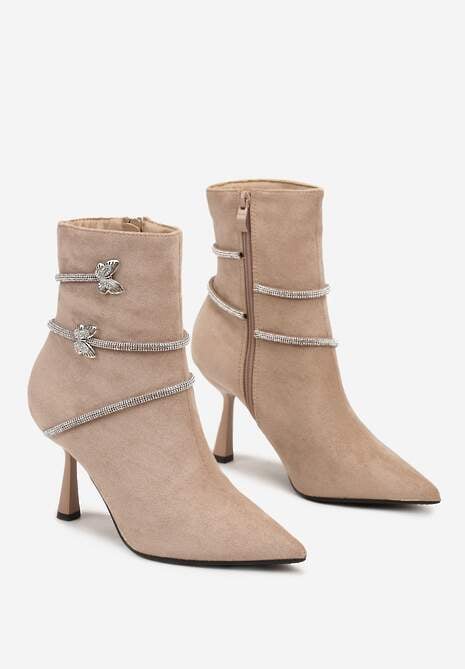 Ciemnobeżowe Botki na Klepsydrowym Obcasie z Cyrkoniowymi Paseczkami Wokół Cholewki Avamora