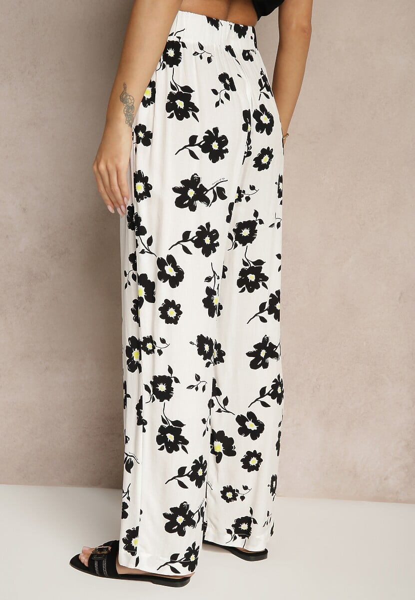 Białe Szerokie Spodnie High Waist w Kwiatowy Wzór Elsedia