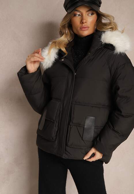 Czarna Kurtka z Kieszeniami i Odpinanym Kołnierzem z Futerka Nomilaine