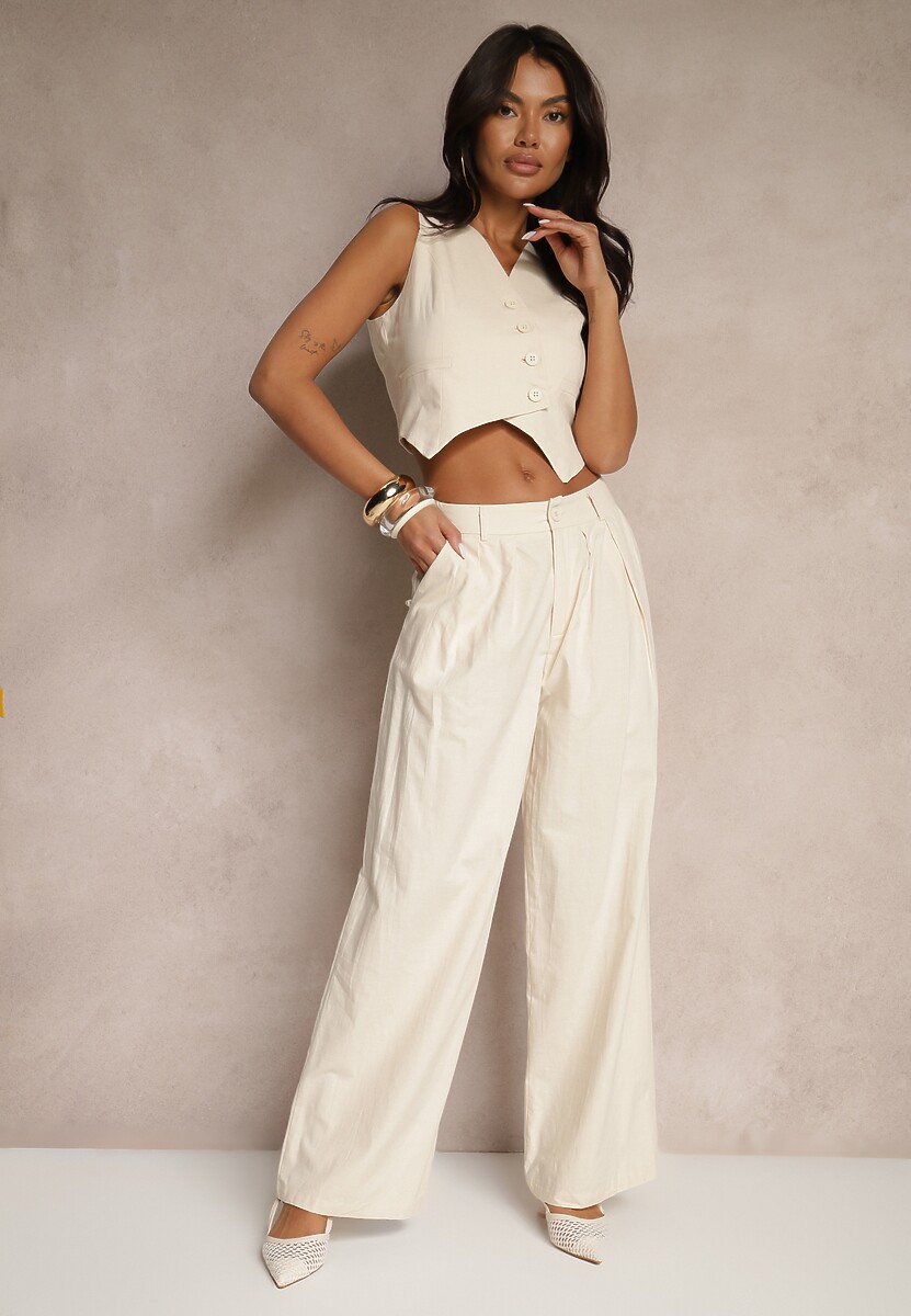 Beżowy Garniturowy Komplet z Wiskozą i Bawełną Kamizelka oraz Spodnie Milvivis