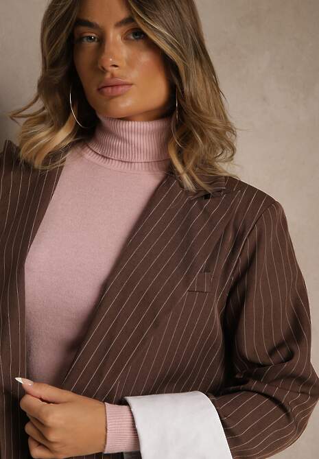 Ciemnobrązowa Marynarka Jednorzędowa o Pudełkowym Kroju w Pionowe Paski Eonevia