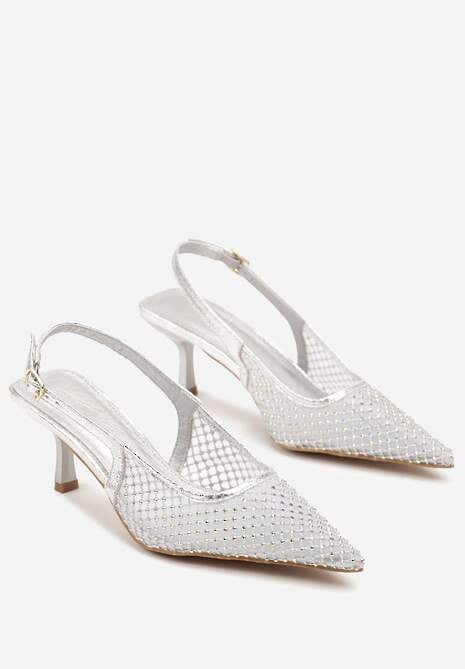 Srebrne Sandały na Kaczuszce z Noskiem w Szpic Zdobione Cyrkoniami Calotina