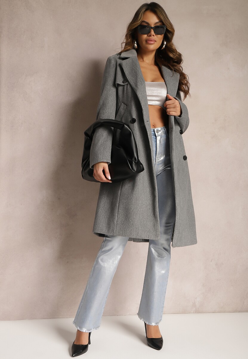 Szary Dwurzędowy Płaszcz z Wiskozy z Paskiem w Talii Beluna