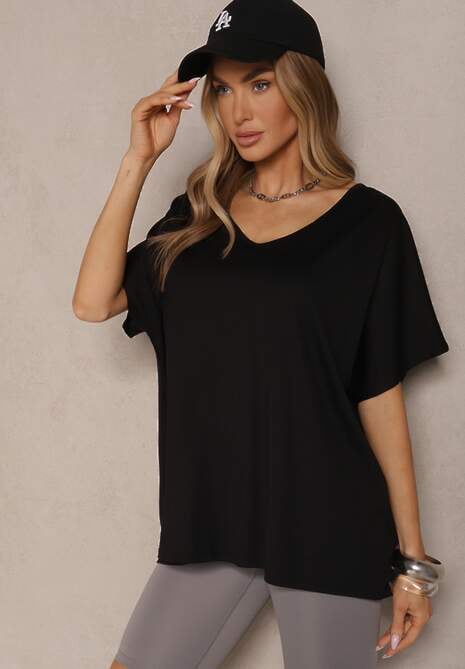 Czarny T-shirt z Wiskozą w Stylu Nietoperza Liofala