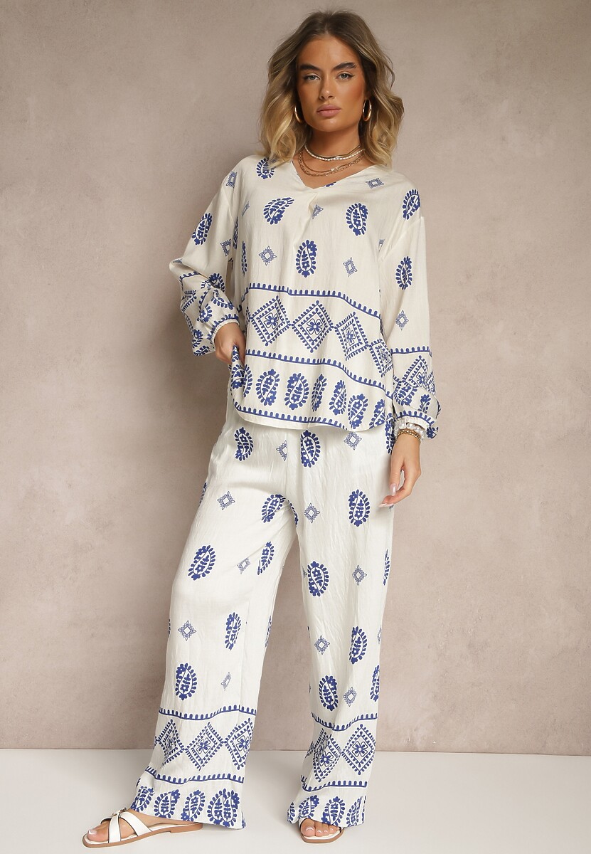 Ciemnozielony Komplet w Stylu Etno Spodnie z Gumką w Pasie i Bluzka Oversize Eviralyn