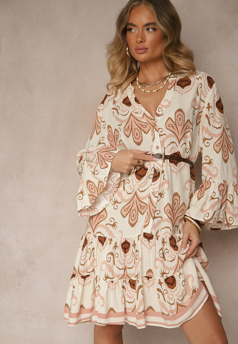 Niebieska Rozkloszowana Sukienka z Wiskozy Zdobiona Etnicznym Printem Pasiretia