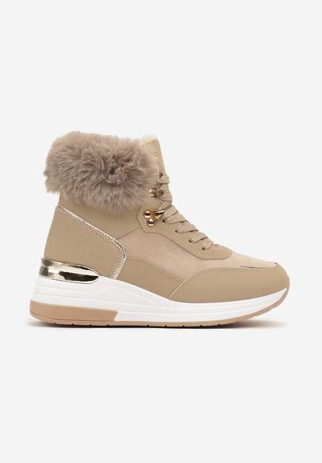 Ciemnobeżowe Futerkowe Sneakersy na Koturnie z Metalicznymi Wstawkami Kaithrin