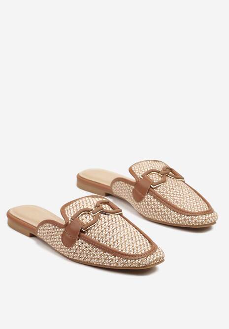 Brązowe Klapki Mule Ozdobione Plecionką i Klamrą Nimiriella