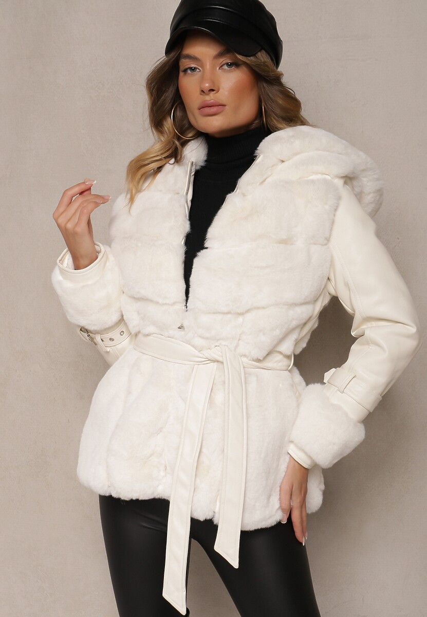 Beżowa Kurtka Futerko z Ekoskórzanymi Rękawami z Klamrami Kapturem i Wiązanym Paskiem Mesizelle