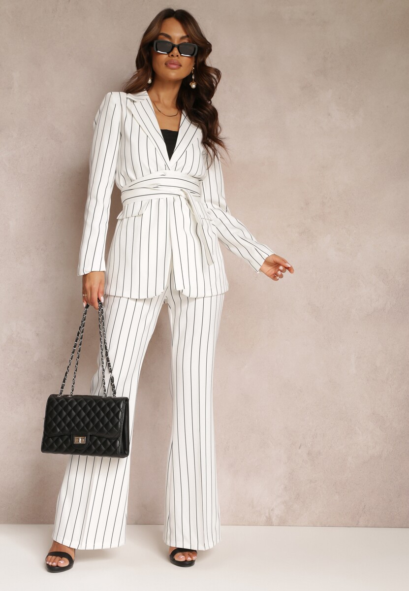 Białe Spodnie Dzwony w Paski z Wysokim Stanem Eudota