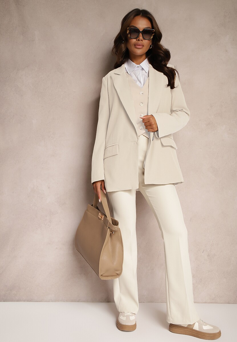 Beżowe Spodnie Dzwony High Waist z Imitacją Kieszeni Semirlla