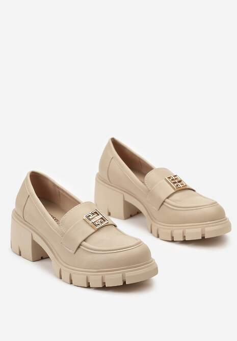 Beżowe Półbuty w Stylu Mokasynów Chunky z Ozdobną Klamerką i Skórzaną Wkładką Nubila