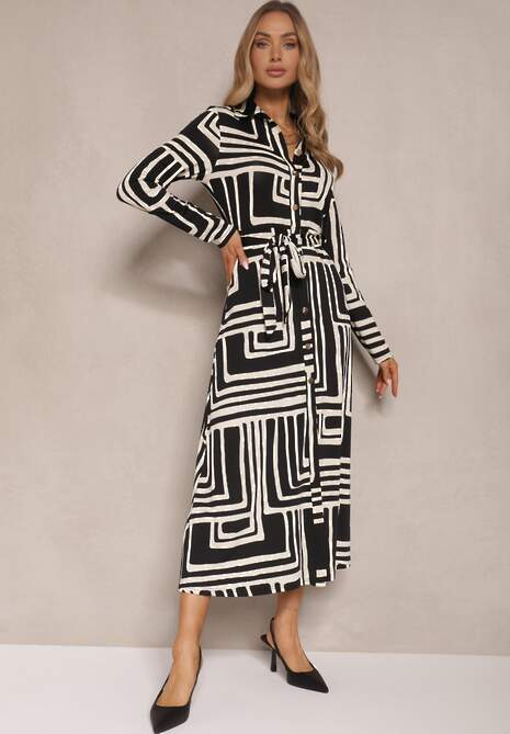 Czarna Sukienka z Wiskozą o Koszulowym Kroju z Wiązanym Paskiem Nimiessa