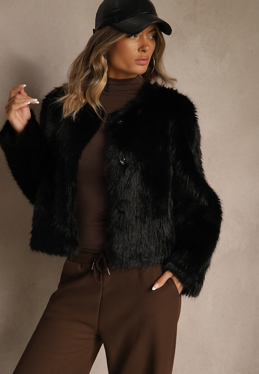 Czarna Kurtka Futerko o Prostym Fasonie z Okrągłym Dekoltem Iddane