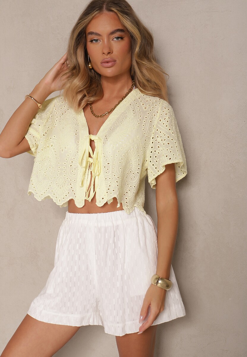 Biała Ażurowa Bluzka z Bawełny Zdobiona Wiązaniem i Haftem Sorellita