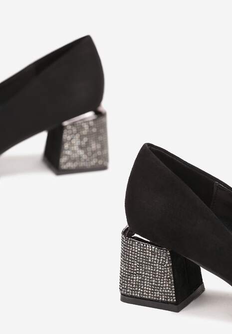 Czarne Czółenka na Słupku z Cyrkoniami i Wkładką ze Skóry Naturalnej Millu