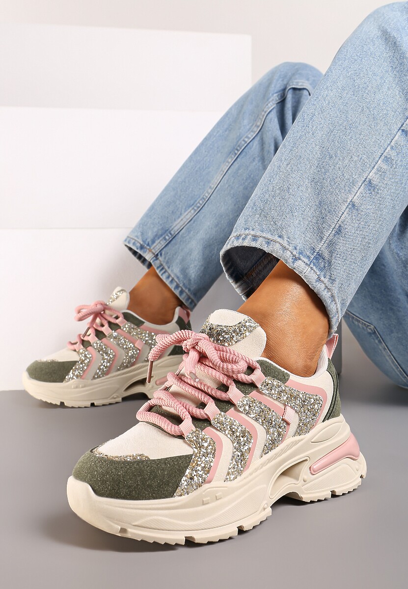 Beżowo-Zielone Sznurowane Sneakersy na Platformie Ozdobione Brokatem Ewla