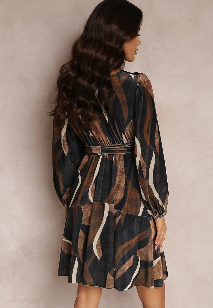 Czarno-Brązowa Welurowa Sukienka z Kopertowym Dekoltem i Wiązanym Paskiem Rarle