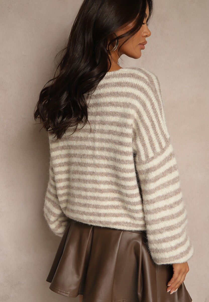 Beżowy Nietoperzowy Kardigan z Domieszką Wełny w Paski Fesaira