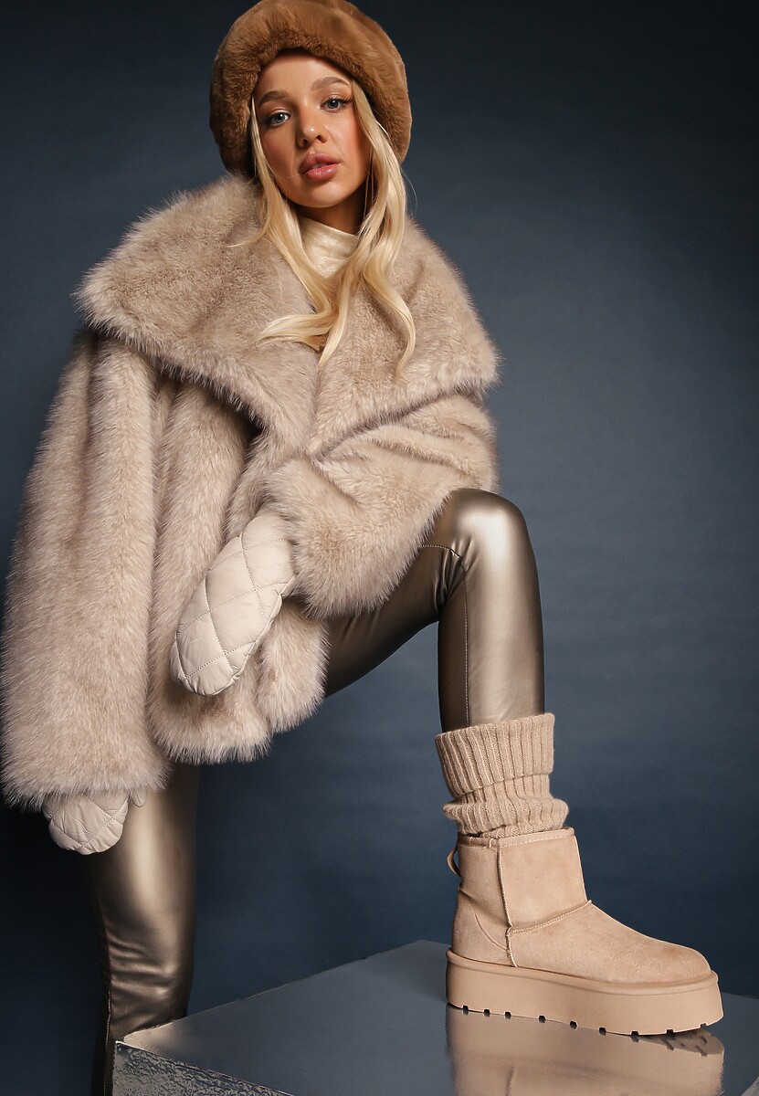 Ciemnobeżowe Wsuwane Śniegowce na Gładkiej Platformie Irindara