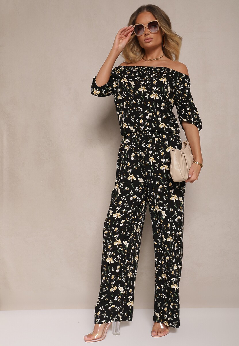 Czarne Spodnie High Waist w Kwiatowy Wzór Zolsedi