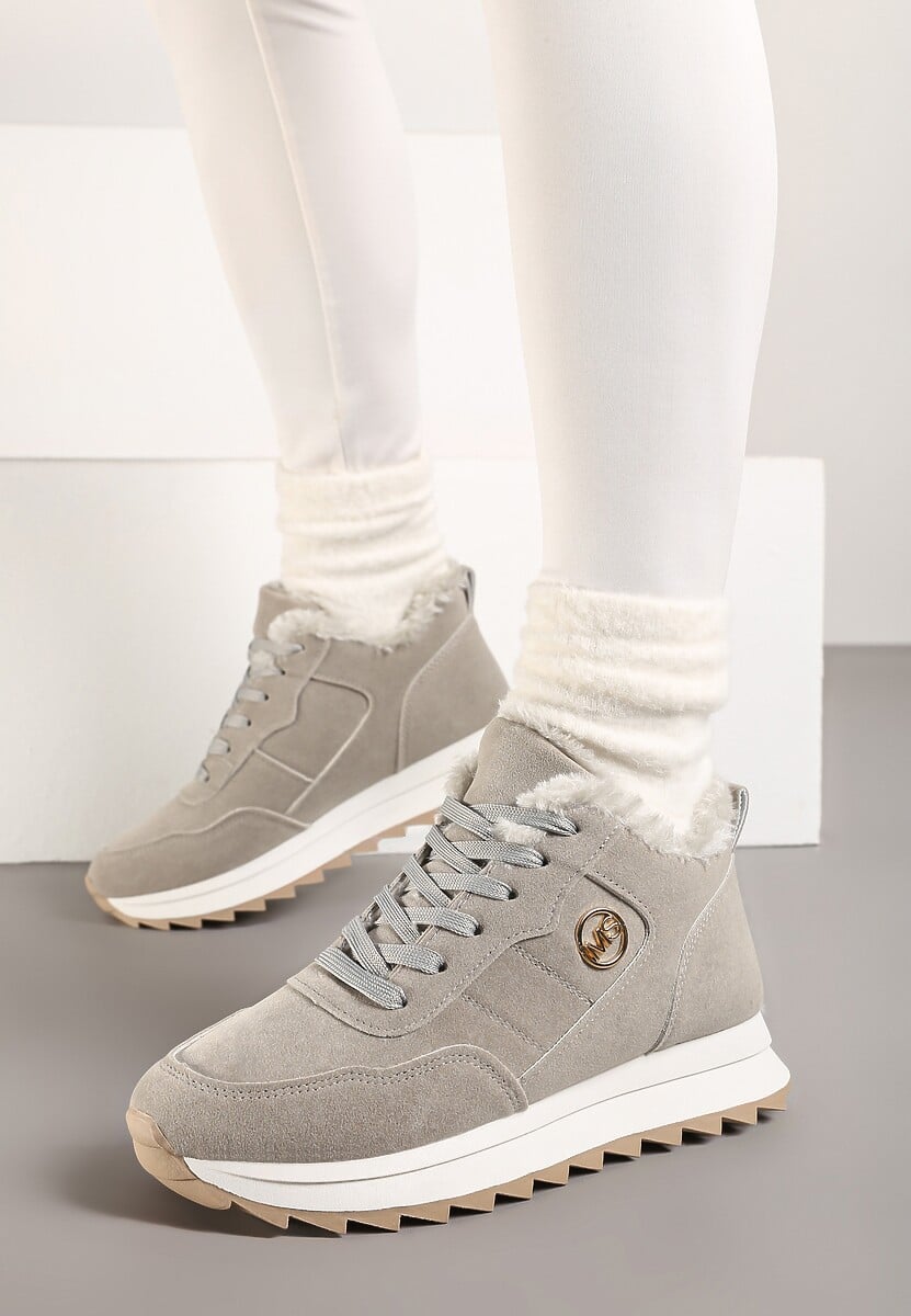 Szare Ocieplane Sneakersy na Platformie Appopis