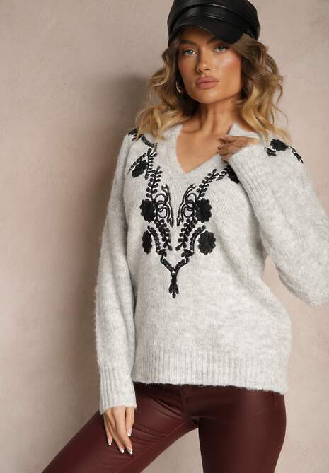 Szary Sweter z Wełną i Metalicznym Wzorem w Kwiaty Senithea