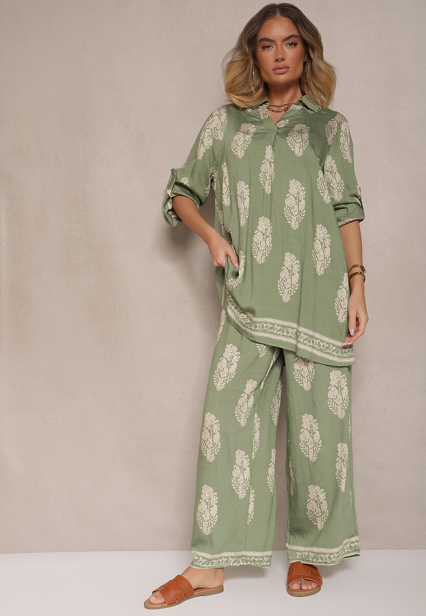 Granatowy Komplet Oversize w Stylu Rustykalnym Długa Koszula i Szerokie Spodnie Mepilara