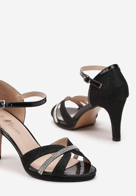 Czarne Eleganckie Sandały z Ekoskóry na Szpilce Ozdobione Cyrkoniami Aldenima