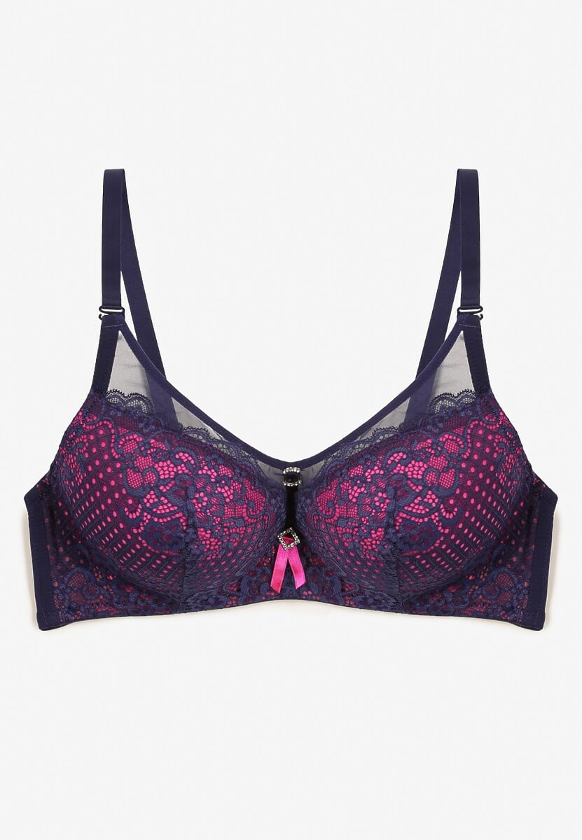 Granatowo-Fuksjowy Biustonosz Push-Up z Koronki Ozdobiony Metalową Aplikacją Arissta