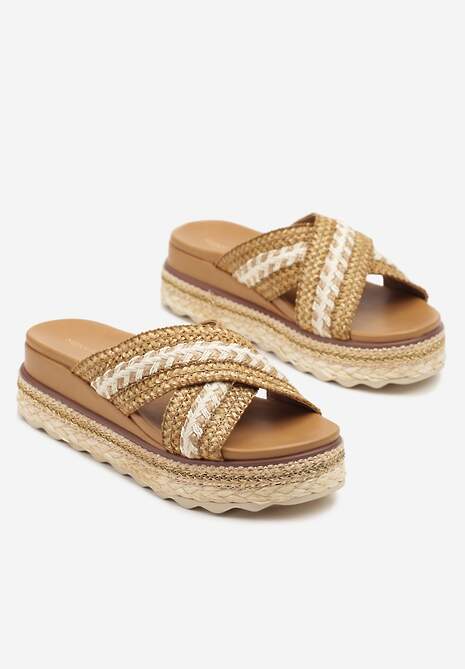 Ciemnobeżowe Klapki z Plecionki na Grubej Podeszwie w Stylu Boho Nimisse