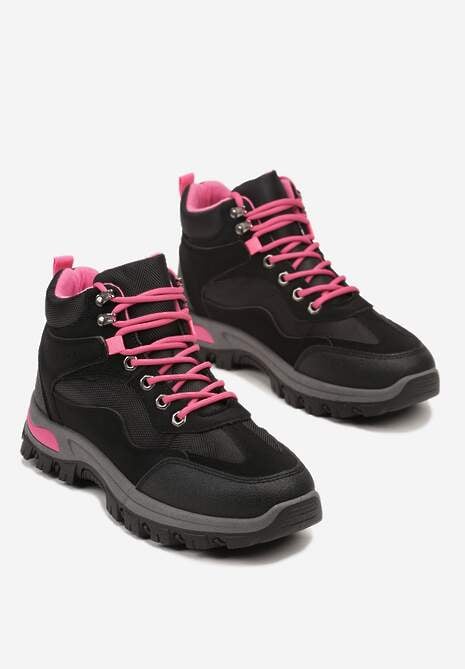 Czarno-Fuksjowe Buty Trekkingowe Trapery Vices Ozdobione Geometrycznym Motywem Anarisse
