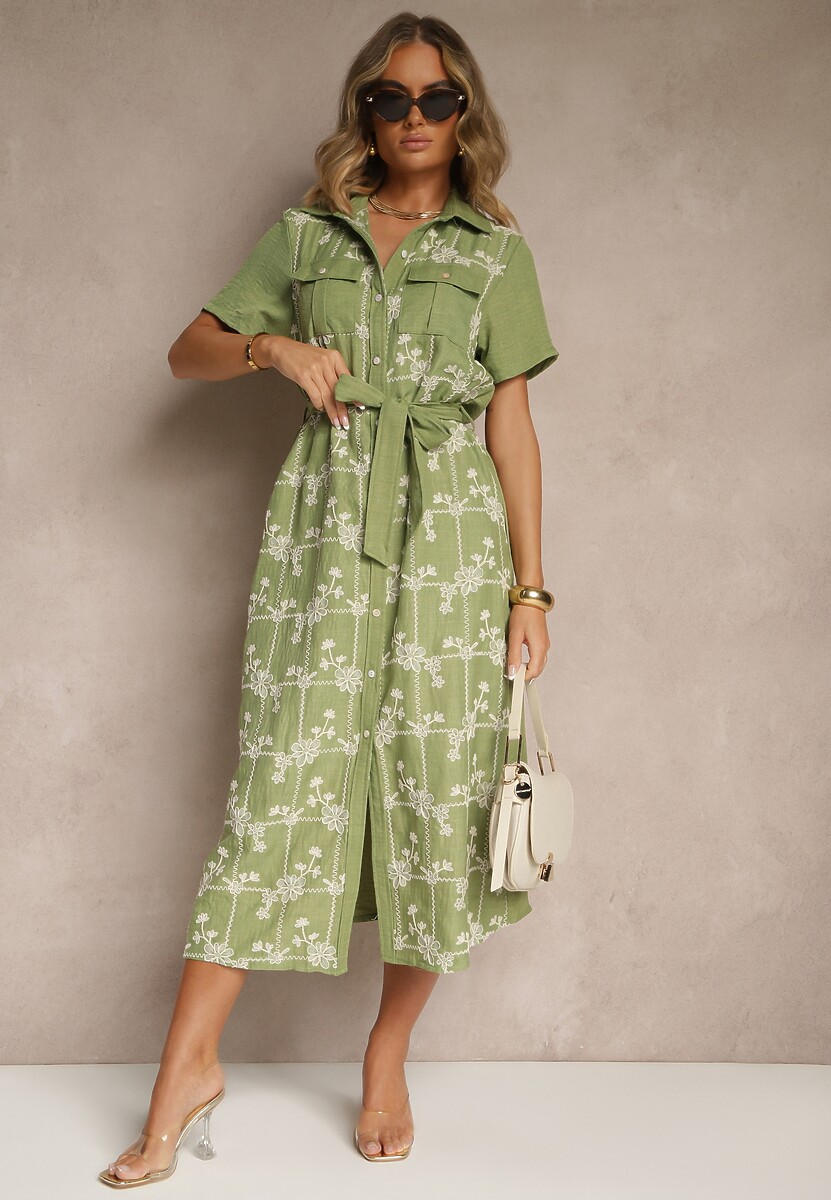 Zielona Koszulowa Sukienka z Wiązanym Paskiem Zdobiona Haftem Malinnessa