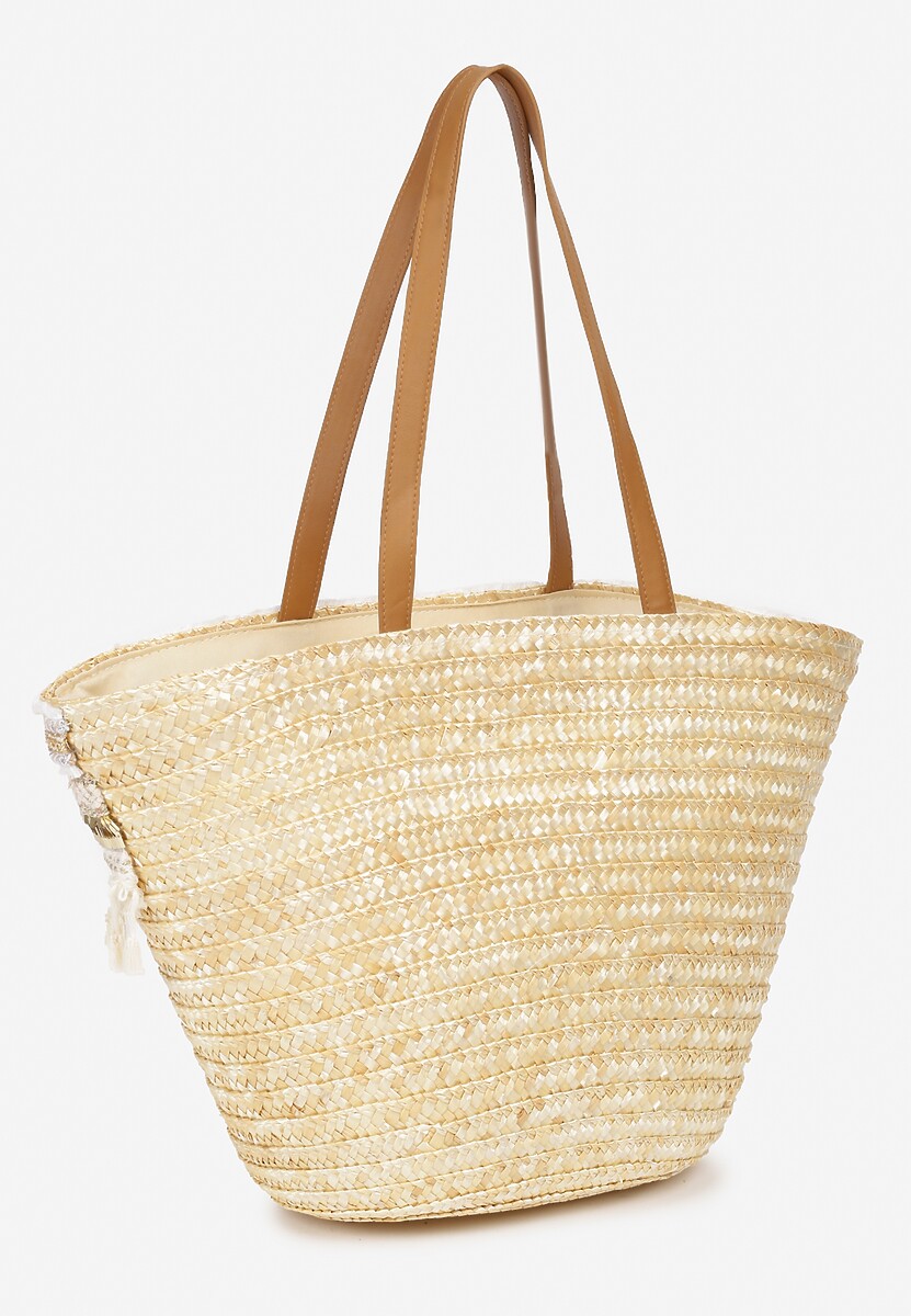 Beżowa Trapezowa Torebka Pleciona z Cekinami i Krótkimi Frędzlami Timaprre