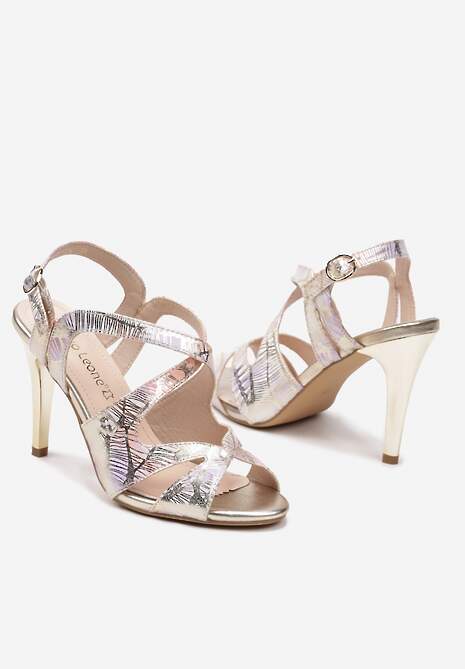 Złote Sandały Szpilki z Metalicznym Wykończeniem i Skórzaną Wkładką Zapinane na Sprzączkę Effimba