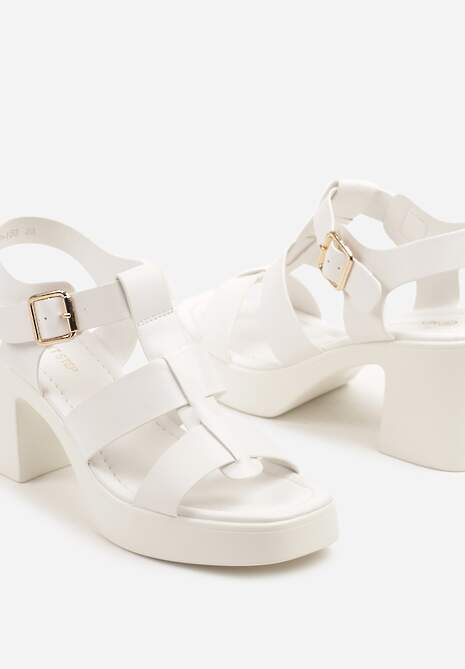 Białe Sandały na Słupku i Platformie Ozdobione Trzema Paskami Talzivia