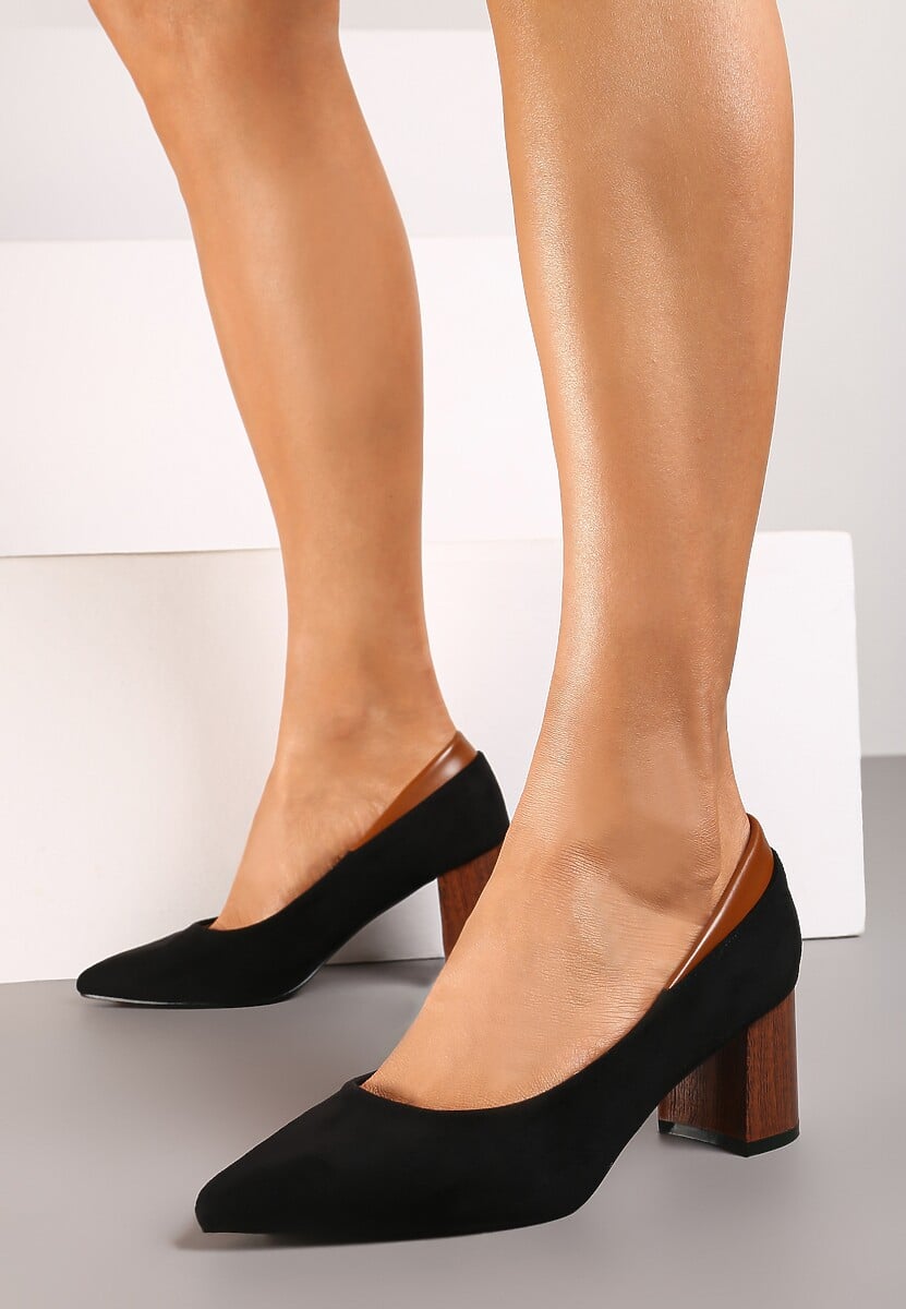 Czarne Czółenka na Obcasie Typu Słupek ze Szpiczastym Noskiem i Metaliczną Wstawką Erifra