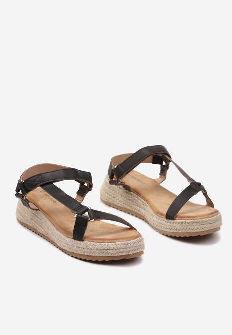 Czarne Sandały Zapinane na Rzep na Grubej Podeszwie z Plecionki Elnadia