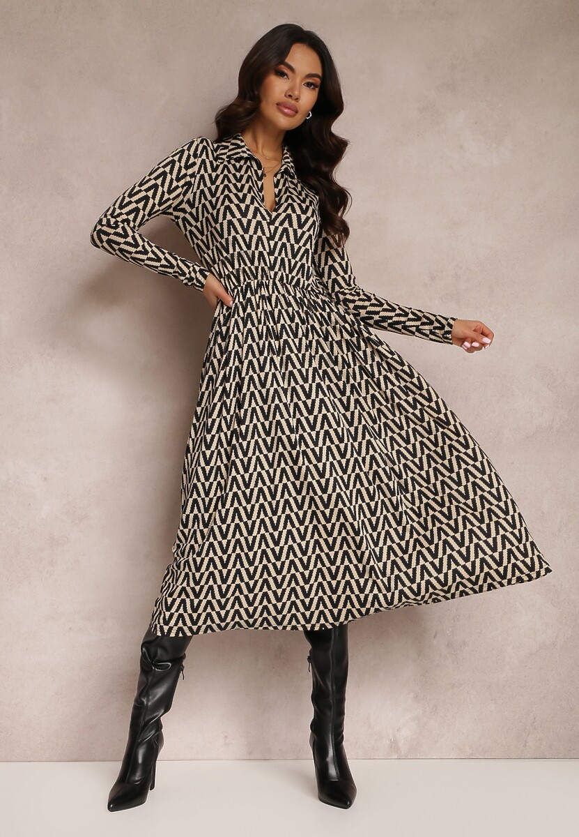 Beżowo-Czarna Sukienka Rozkloszowana w Tygrysie Paski Chipha