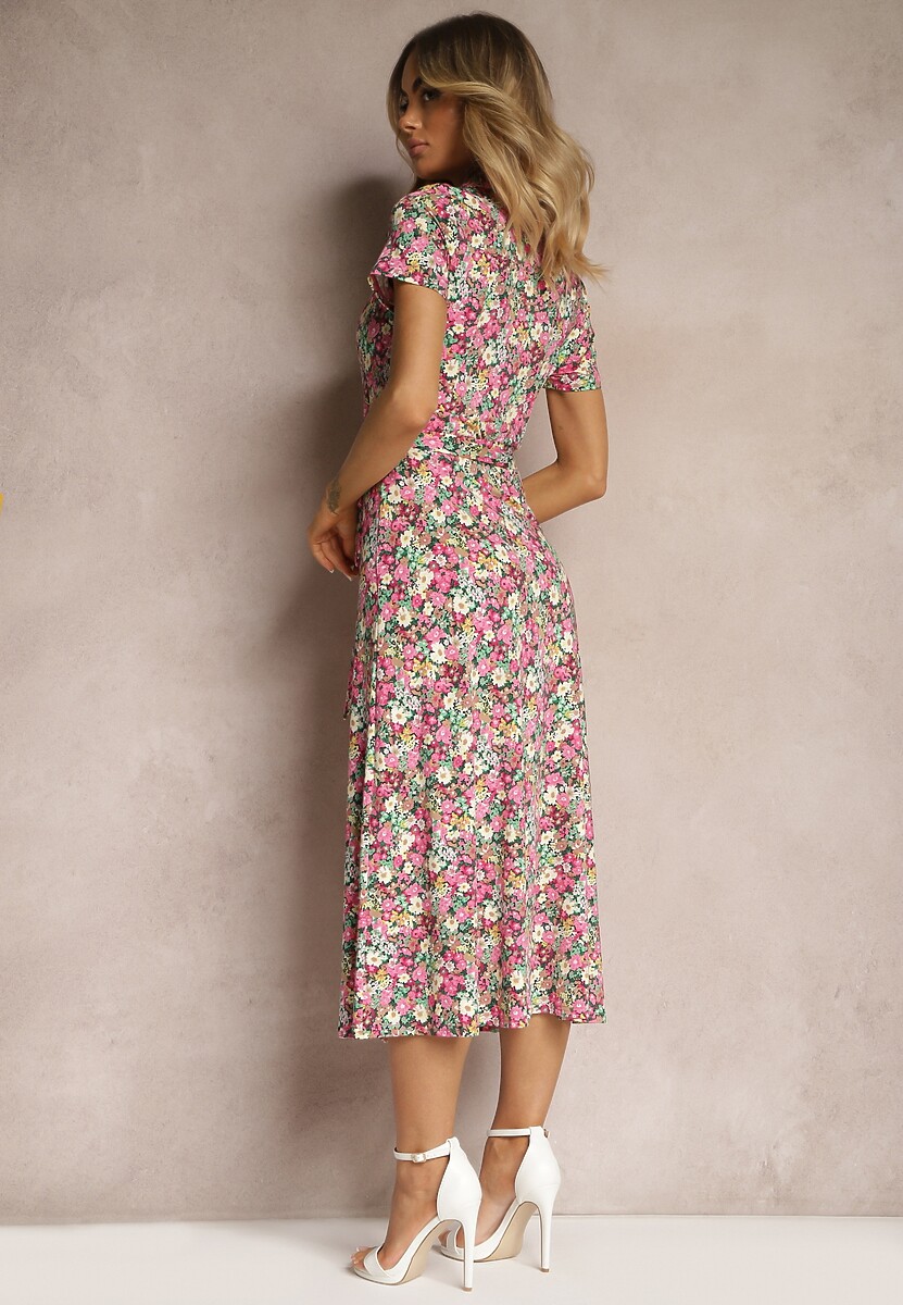 Różowo-Zielona Rozkloszowana Sukienka z Wiskozą Zapinana na Guziki Ozdobiona Paskiem Dimica