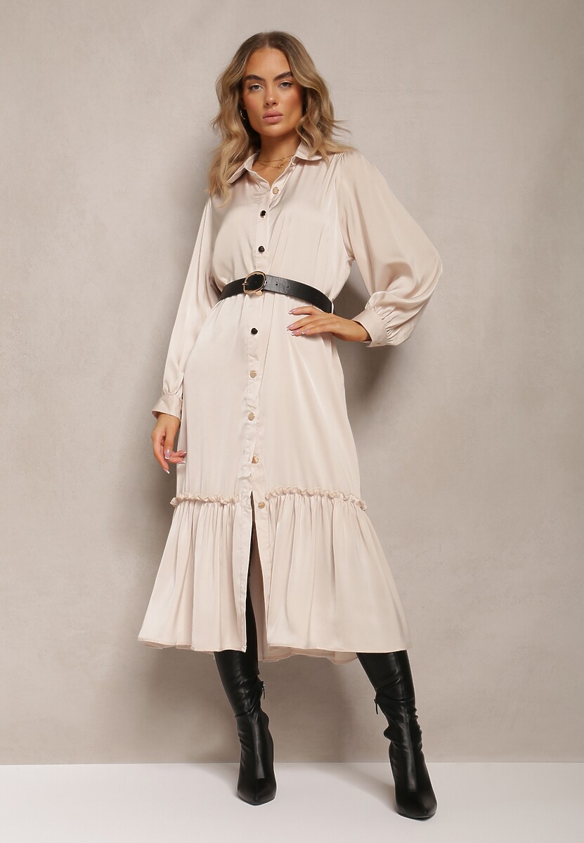 Beżowa Koszulowa Sukienka Midi z Paskiem i Ozdobną Falbanką Mulimani