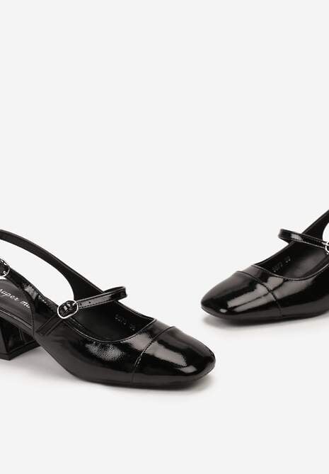 Czarne Lakierowane Czółenka na Słupku z Kwadratowym Noskiem Nathlias