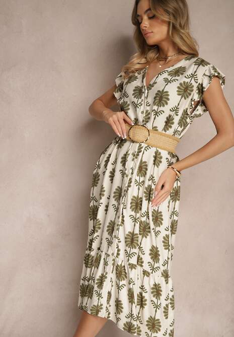 Biało-Zielona Rozkloszowana Sukienka w Kwiaty z Bawełną Efalithea