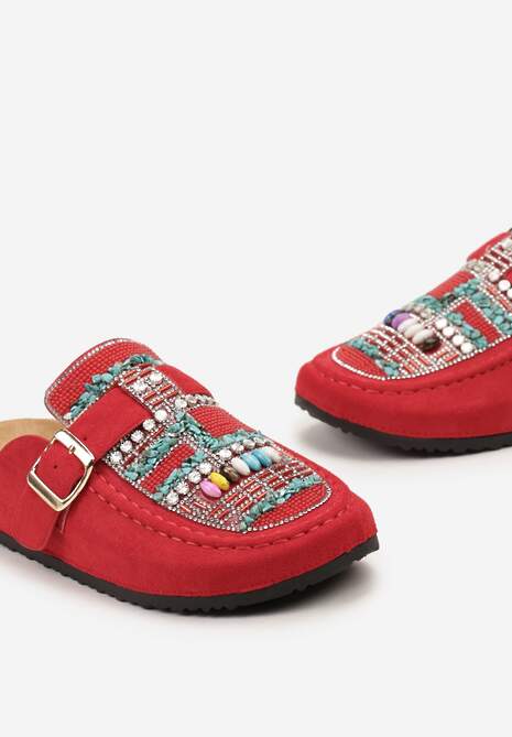 Czerwone Klapki w typie Muli z Korkową Podeszwą i Ozdobnymi Kamieniami Louvia