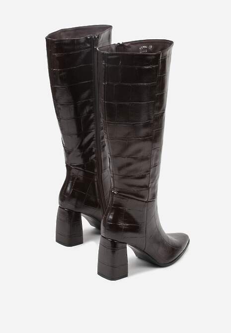 Brązowe Kozaki na Słupkowym Obcasie Zdobione Geometrycznym Tłoczeniem Salinata