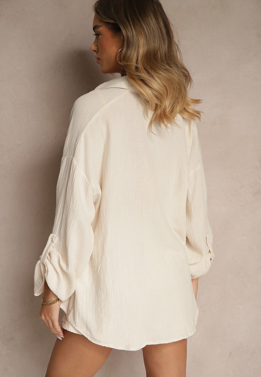 Jasnobeżowy Komplet z Bawełny Szorty i Koszula z Regulacją przy Rękawach Eleamari