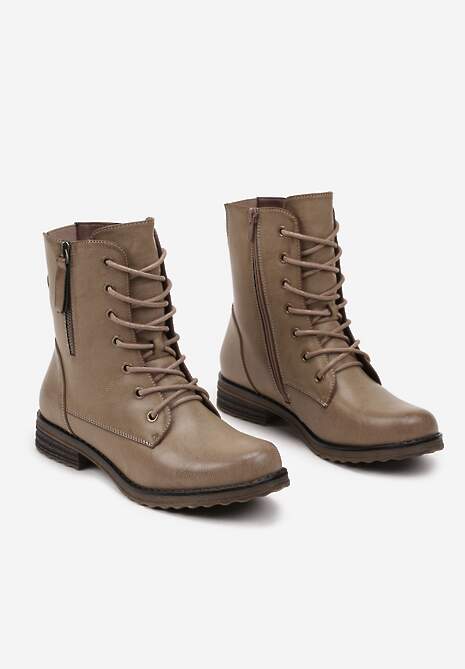 Ciemnobeżowe Sznurowane Botki Workery na Płaskiej Podeszwie Ozdobione Suwakiem Tarinda