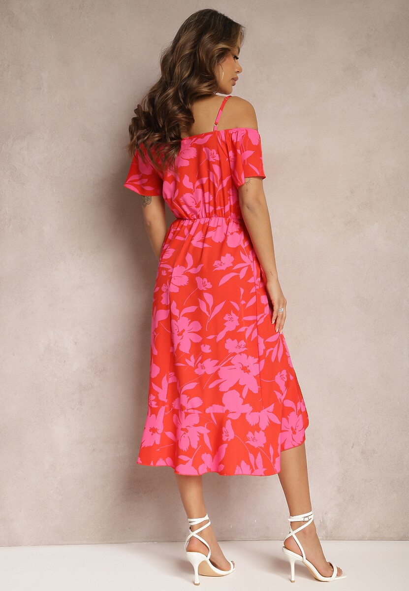 Czerwono-Różowa Midi Sukienka w Kwiaty Hiszpanka o Rozkloszowanym Kroju Terrina