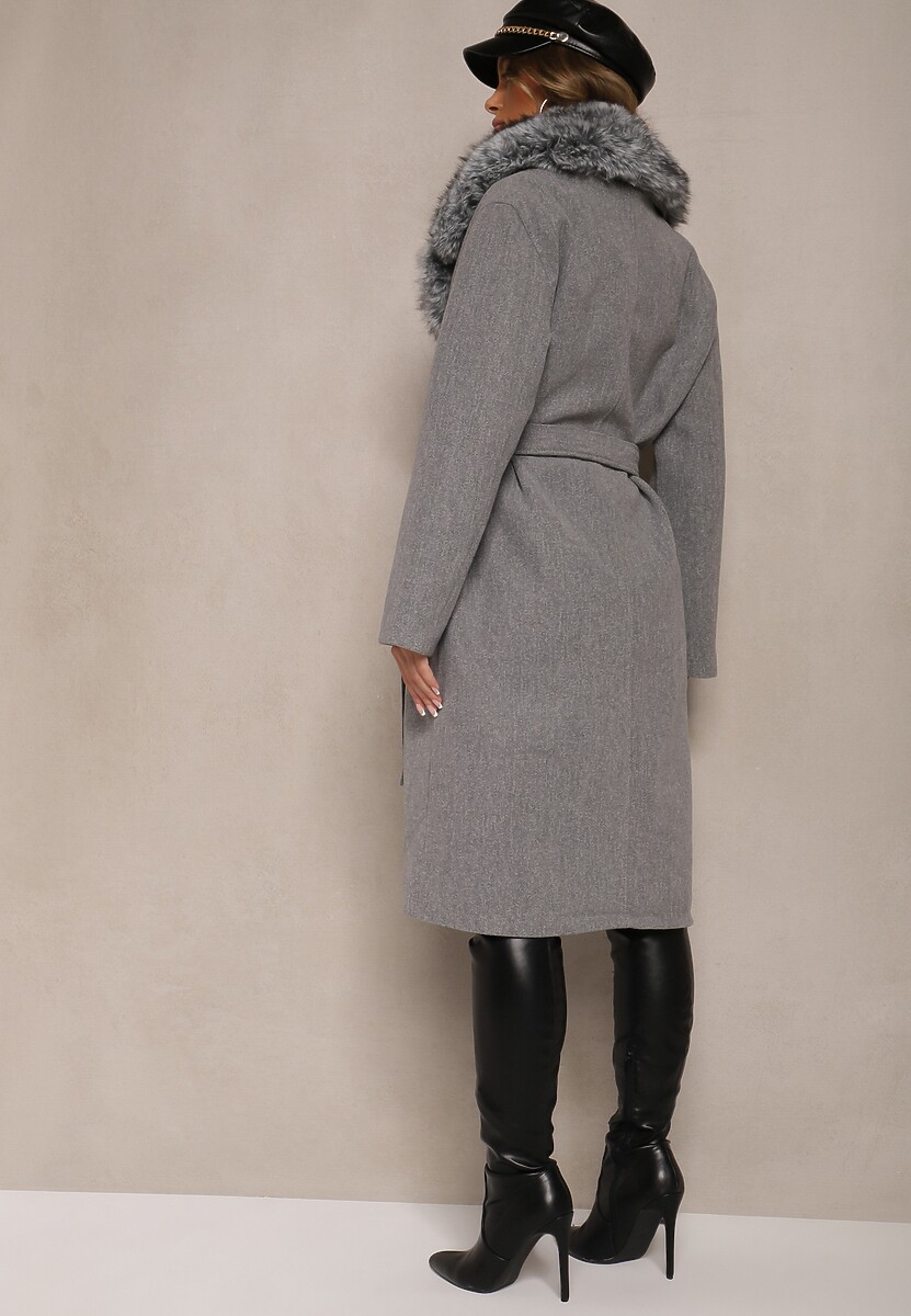 Szary Stylowy Płaszcz o Dwurzędowym Fasonie z Kołnierzem z Futerka i Paskiem Delarwen